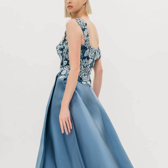 Hynes Park NWT Slate Blue Mikado Floral Embroidered Maxi Ballgown Size 4 #M574 - Picture 3 of 13